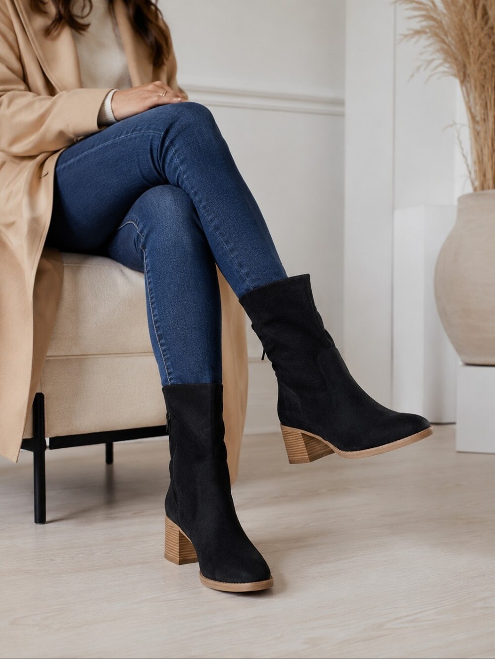 SUN STONE Black Stretch Cushioned Lyraa Round Toe Block Heel Zip-Up Boot Size 9